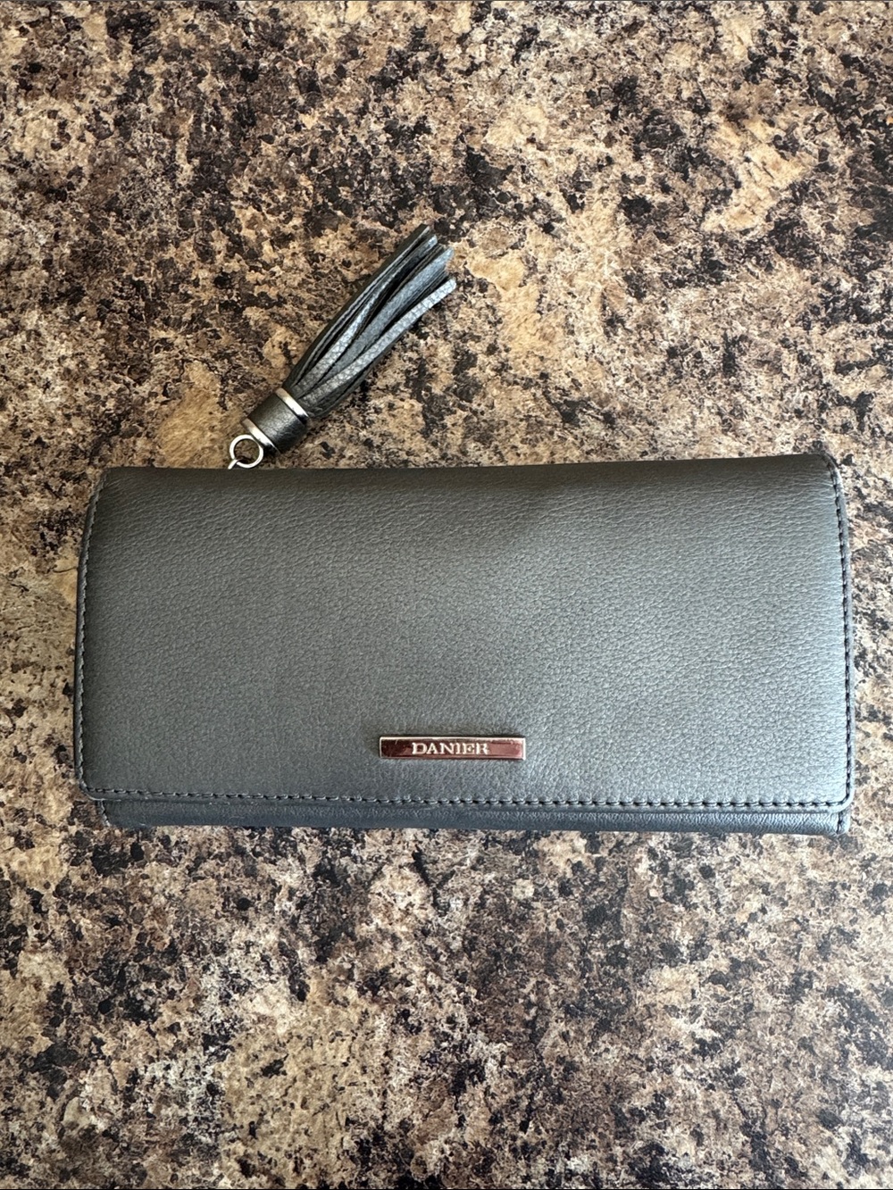 Danier Grey Leather Wallet With Tassel Zip Pull Like New